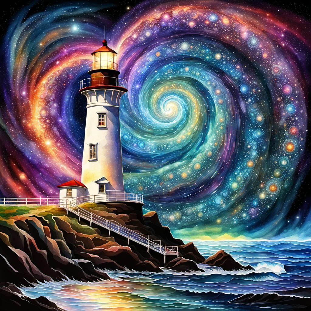 Cosmic Fractal Lighthouse in Watercolor Style