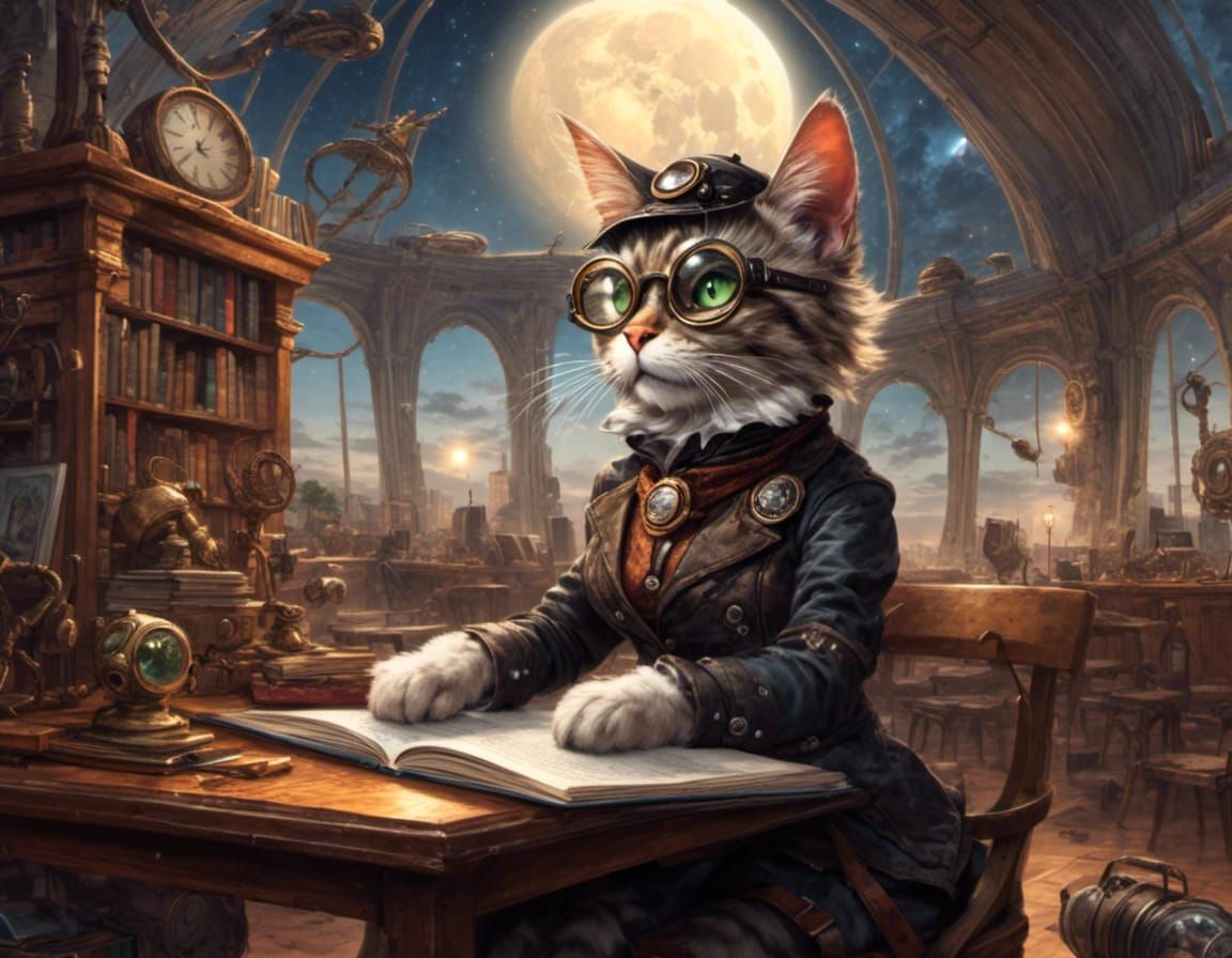 Steampunk Cat Librarian in Moon City Portrait