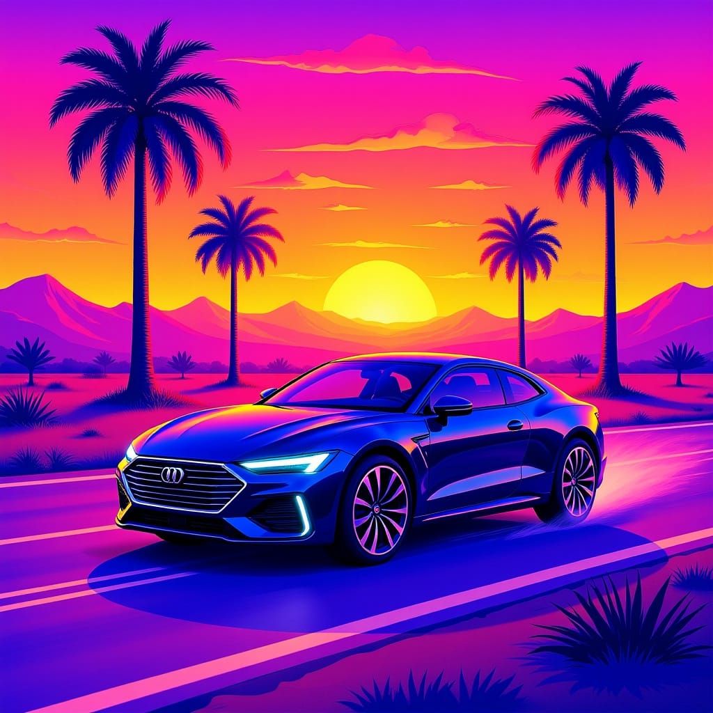 Synthwave Car Speeds Through Neon Desert Sunset