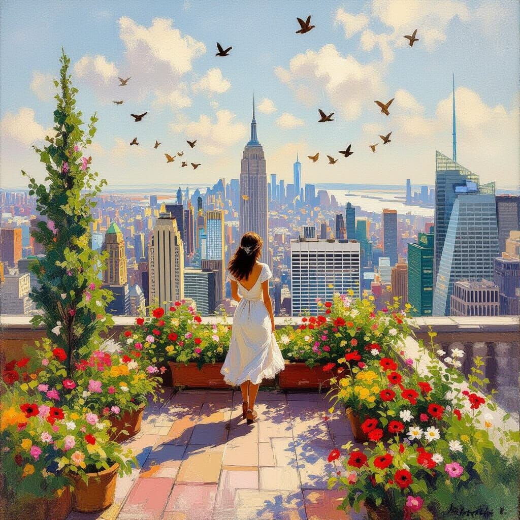 Rooftop Garden Oasis in Impressionist Style