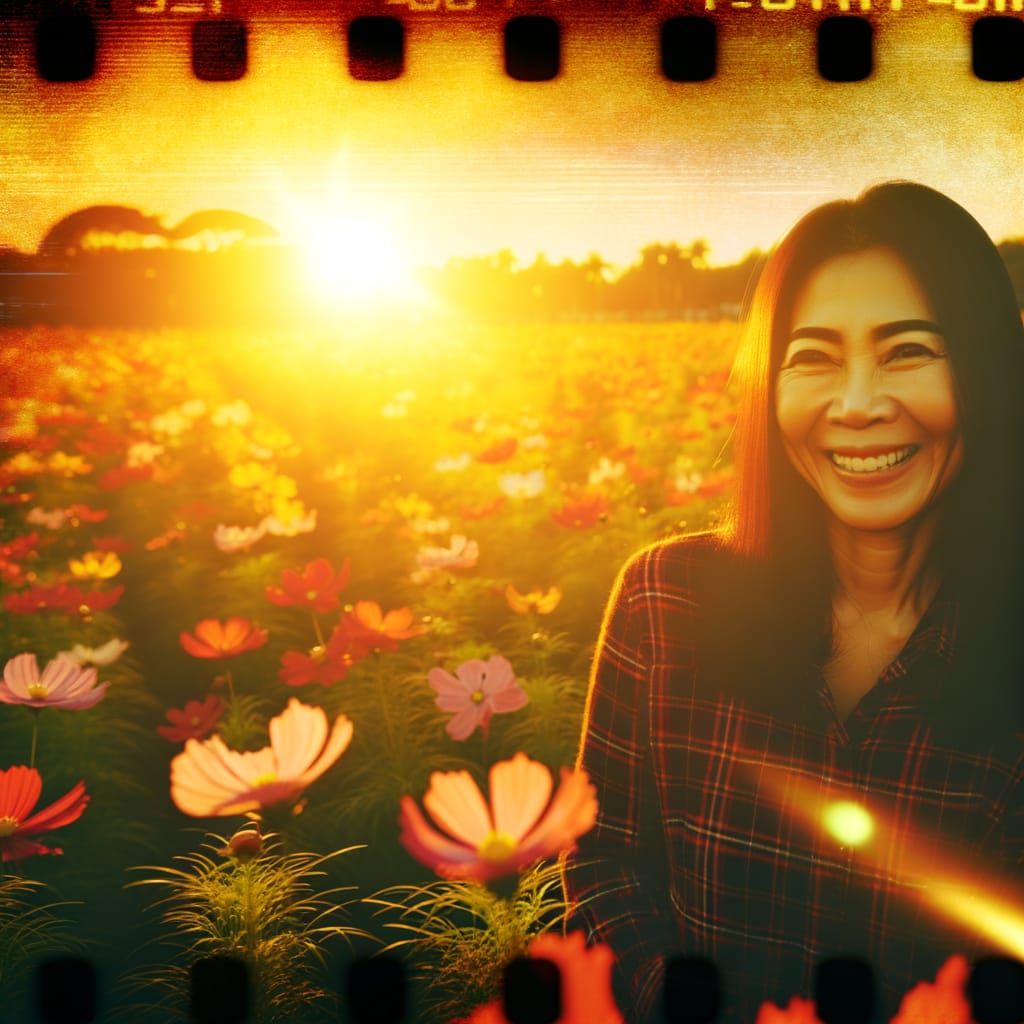 Asian Woman Smiles in Epic Sunset Flower Field