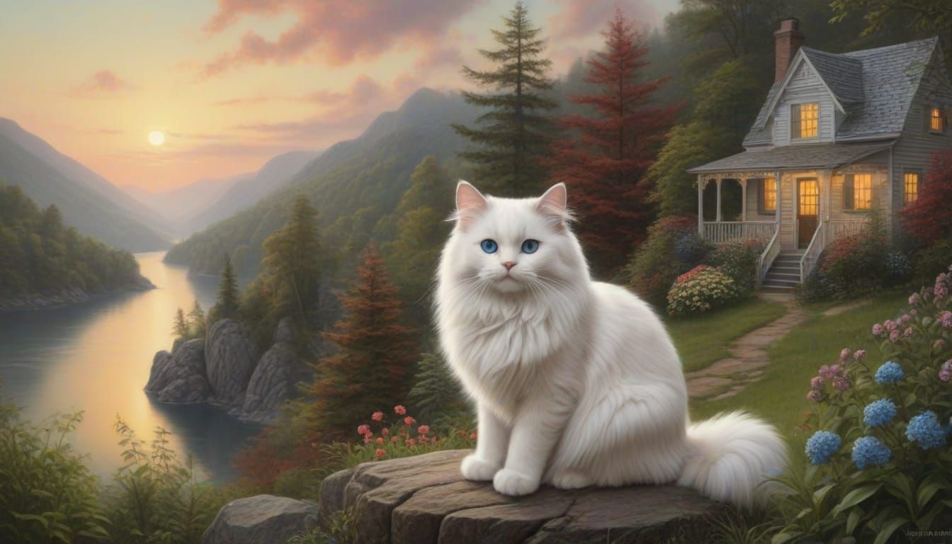 Whimsical Cottage Scene with Fluffy Ragdoll Cat in Film Noir...