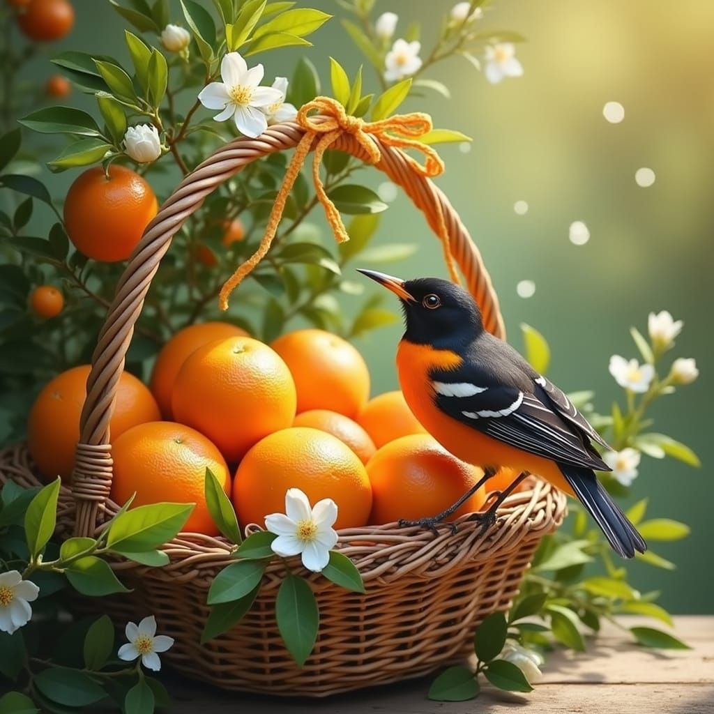 Vintage Wicker Basket with Vibrant Oranges and Bullock's Ori...