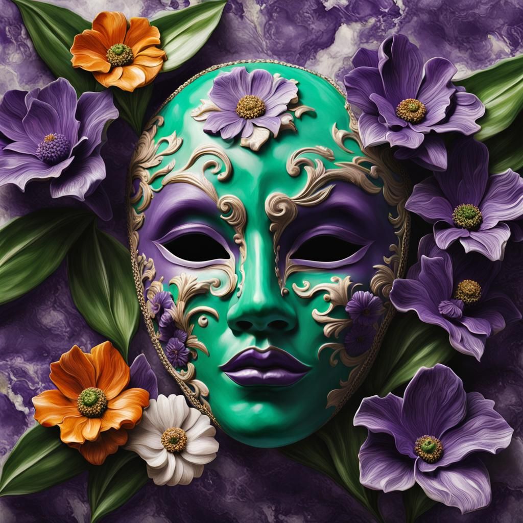 Detailed Marble Venice Mask with Flowers, Splash Art