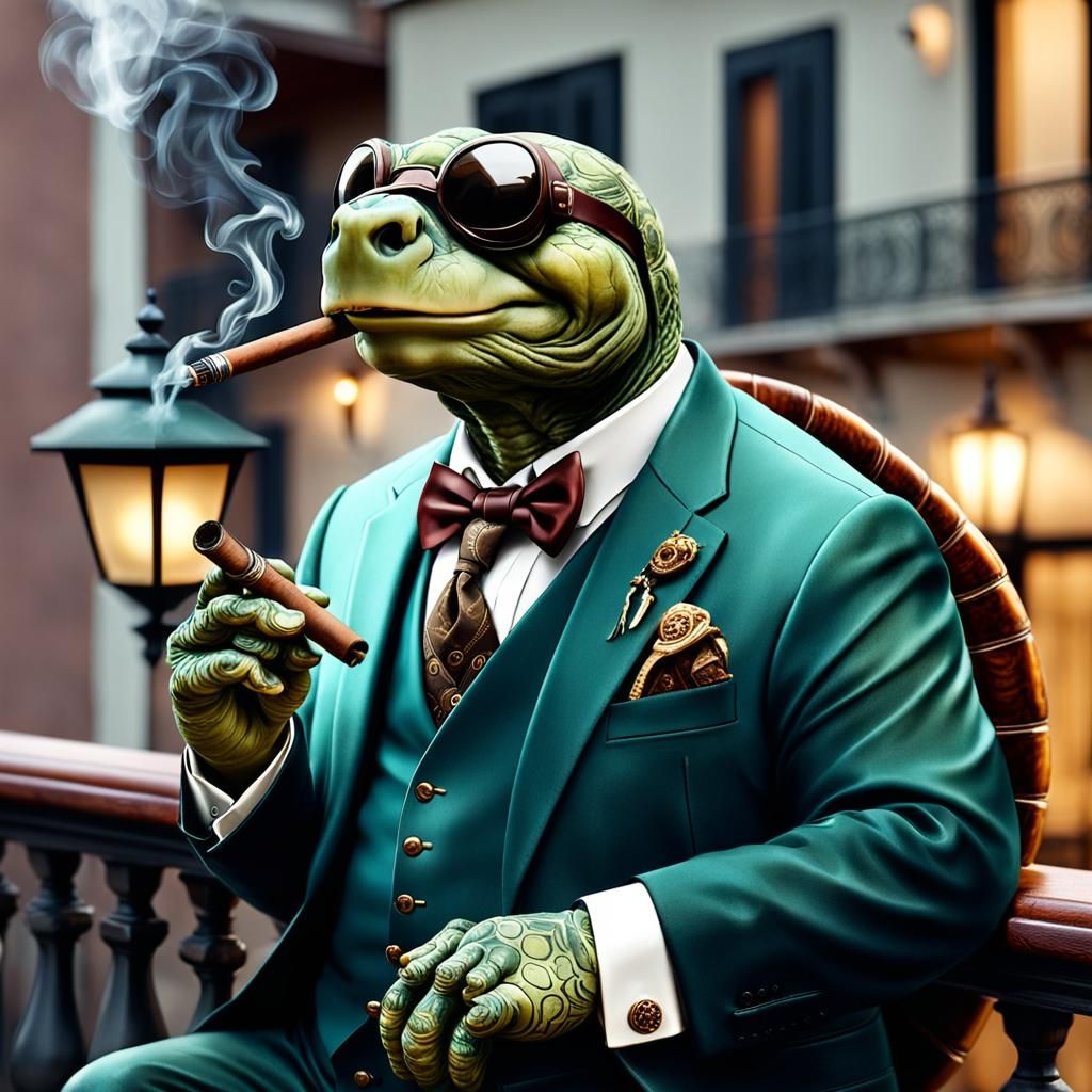 Rich Turtle Smoking Cigar on Balcony