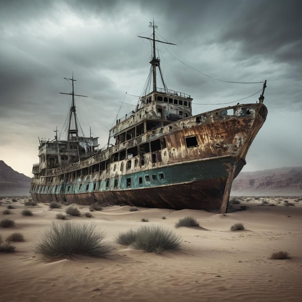 Ethereal Ghost Ships in Desert Landscape