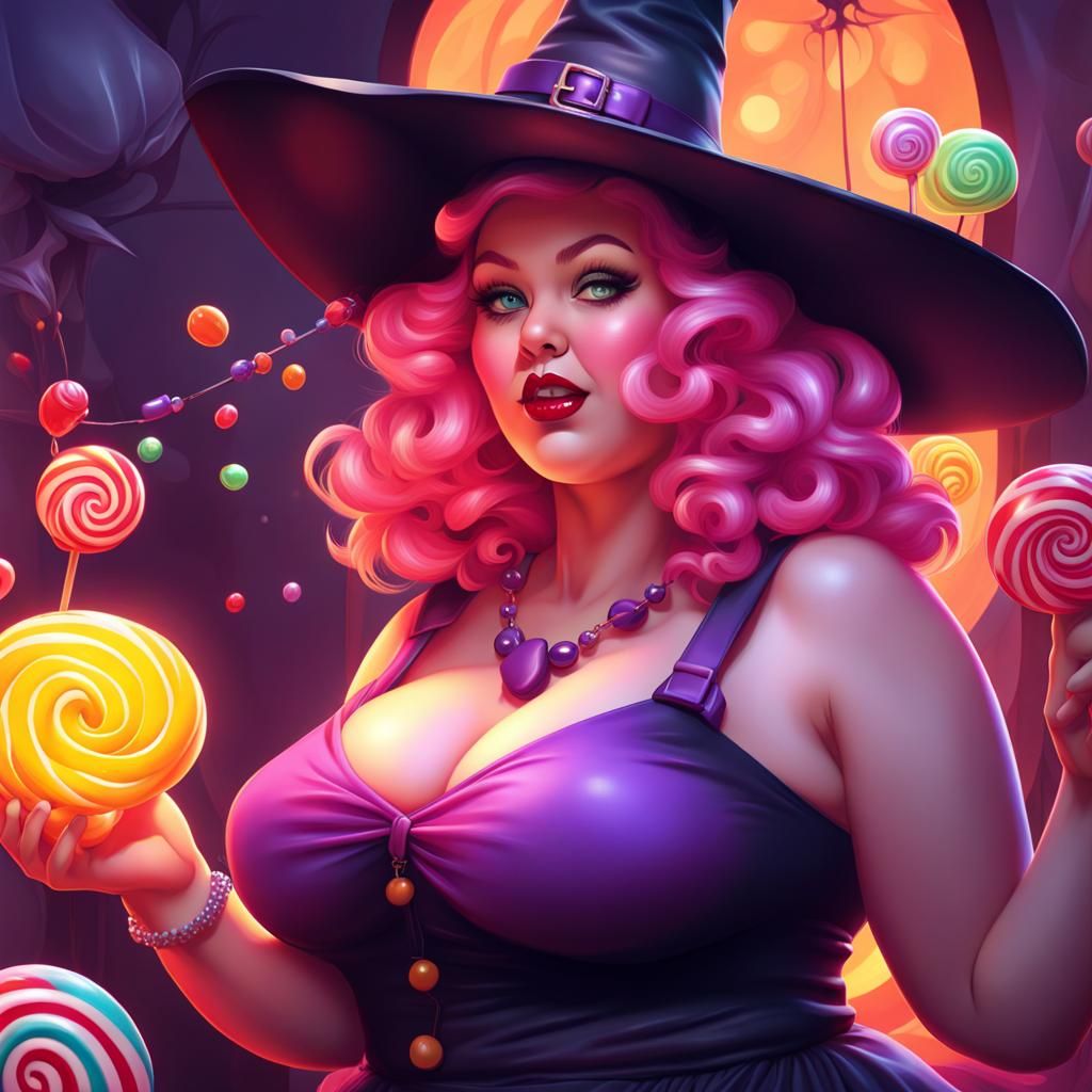 Kawaii Candy Witch in Candyland: Digital Illustration