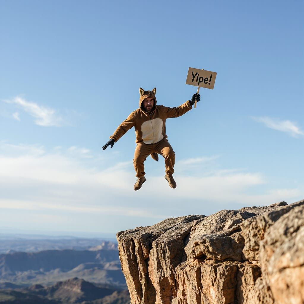 Sad Coyote Man Floating off Cliff Edge