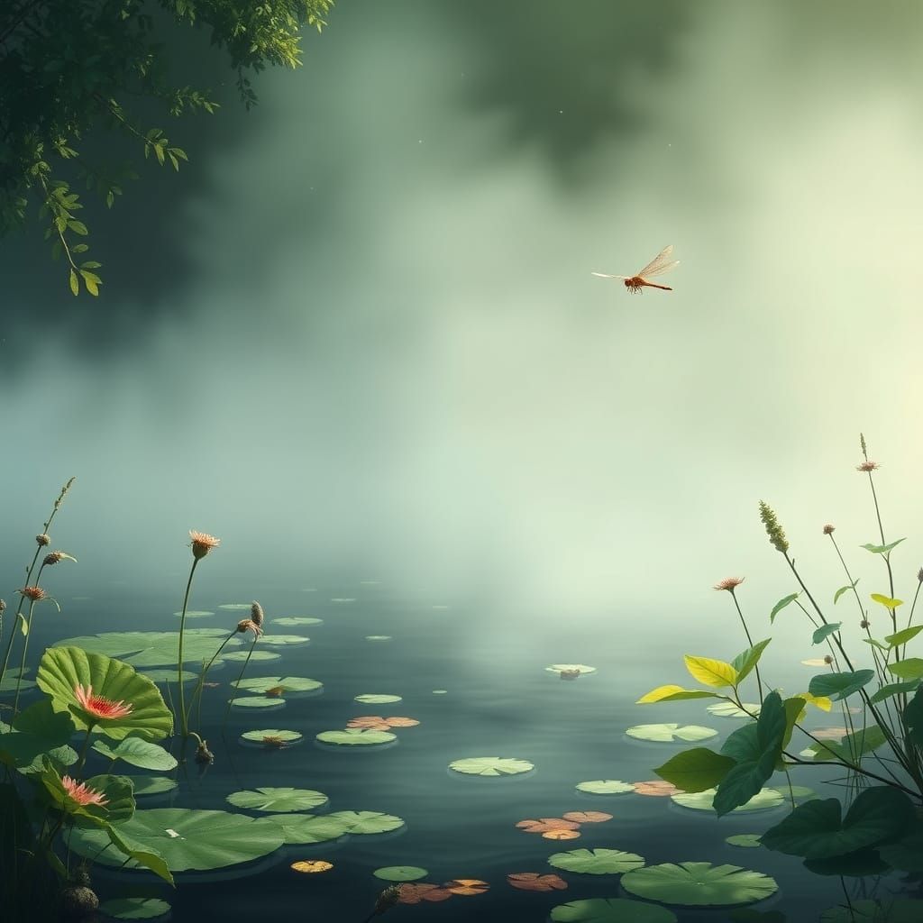 Dreamy Pond Scene with Dragonfly in Flight