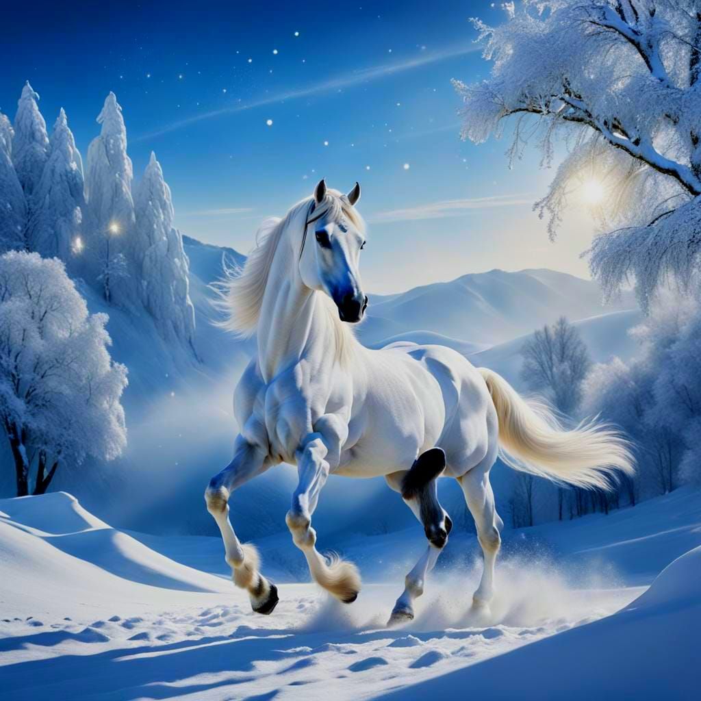 White Andalusian Horse in Snowy Landscape
