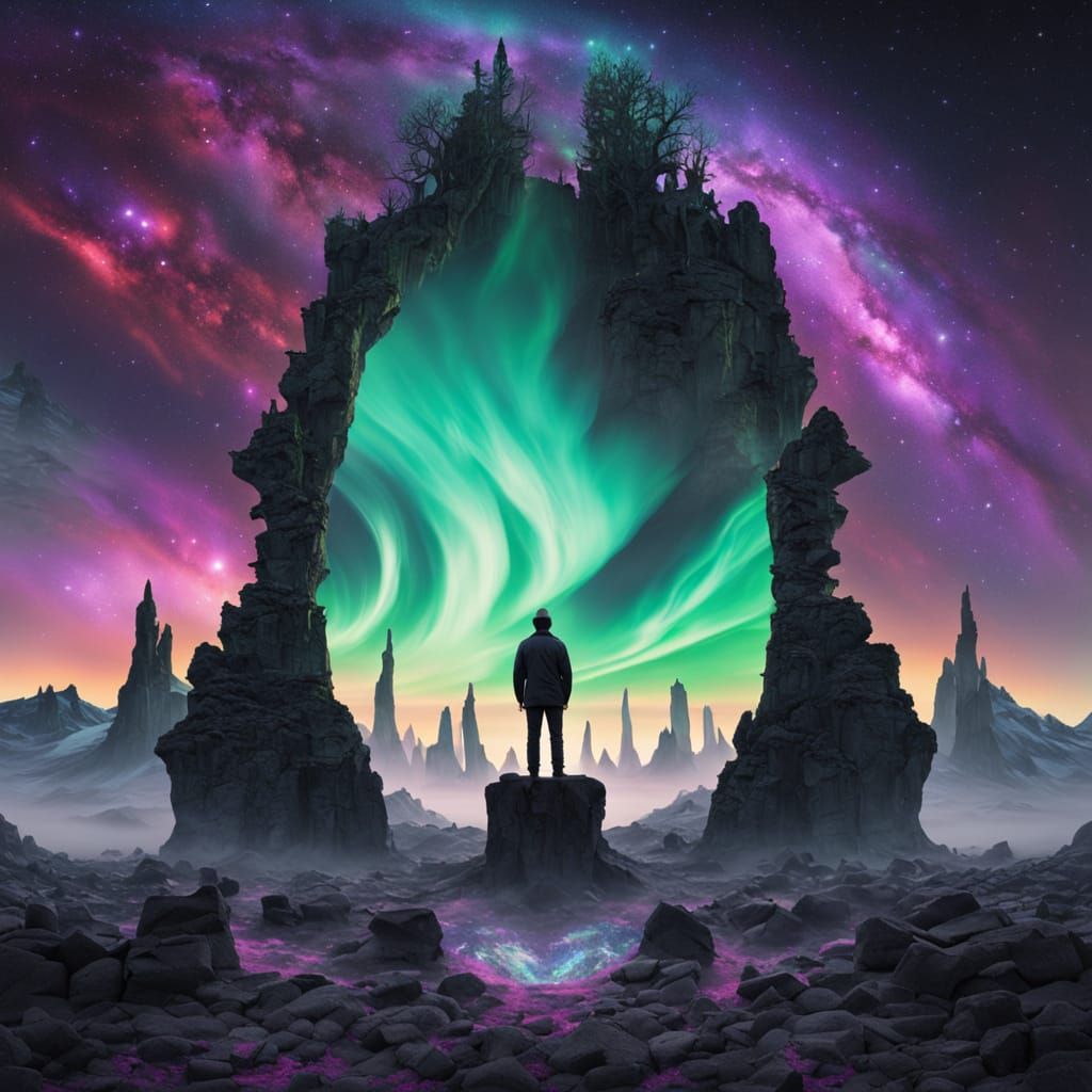 King and Skeleton Mirror Under Aurora Sky