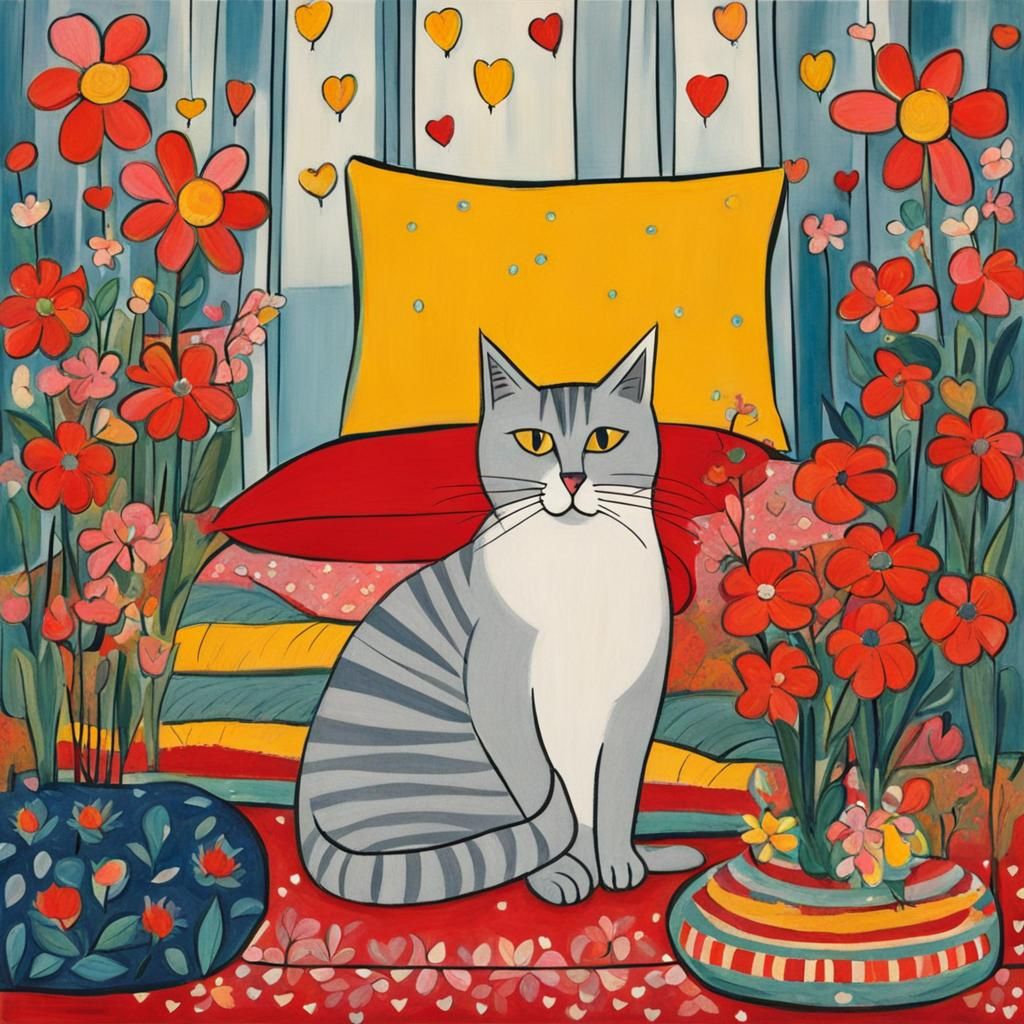 Cute Cat with Flowers in Children's Illustration Style