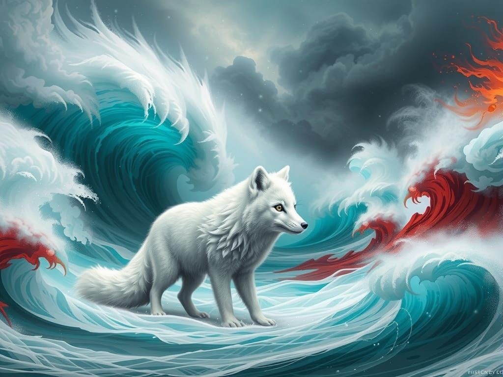 Magical Hyper-Realistic Arctic Fox Amidst Turquoise Waves