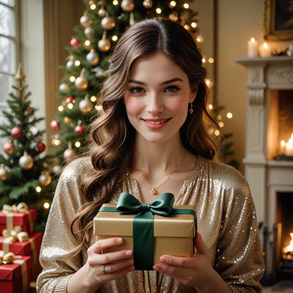 Young Woman's Joyful New Year's Gift Moment in Impressionist...