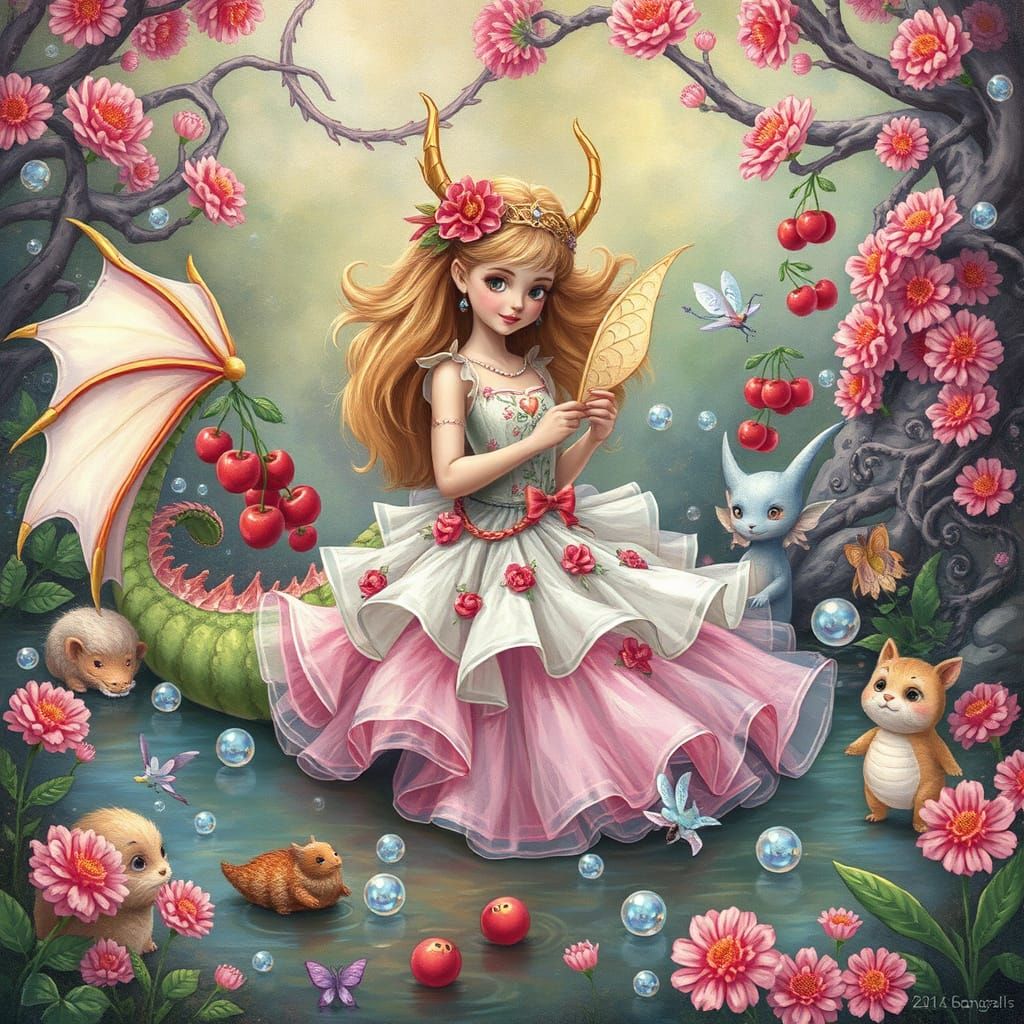 Whimsical Dragon Princess in Vibrant Garden Wonderland