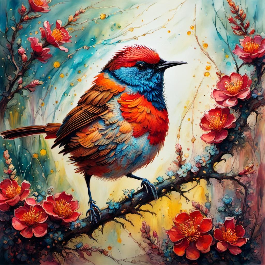 Fiery Wren with Flowers: Encaustic Alcohol Ink Art