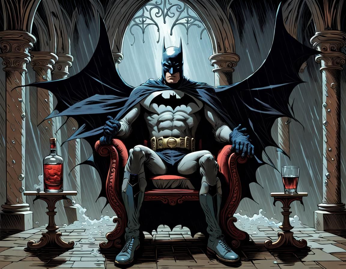 Gothic Batman in Stormy Castle, Horror Illustration