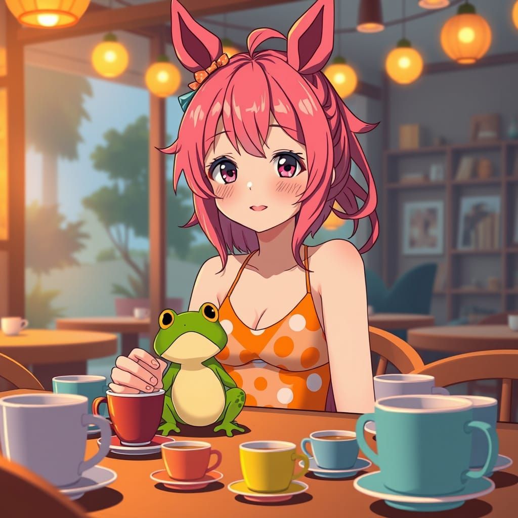 Anime Girl in Summer Coffee Shop with Horse Ears and Frog Fr...