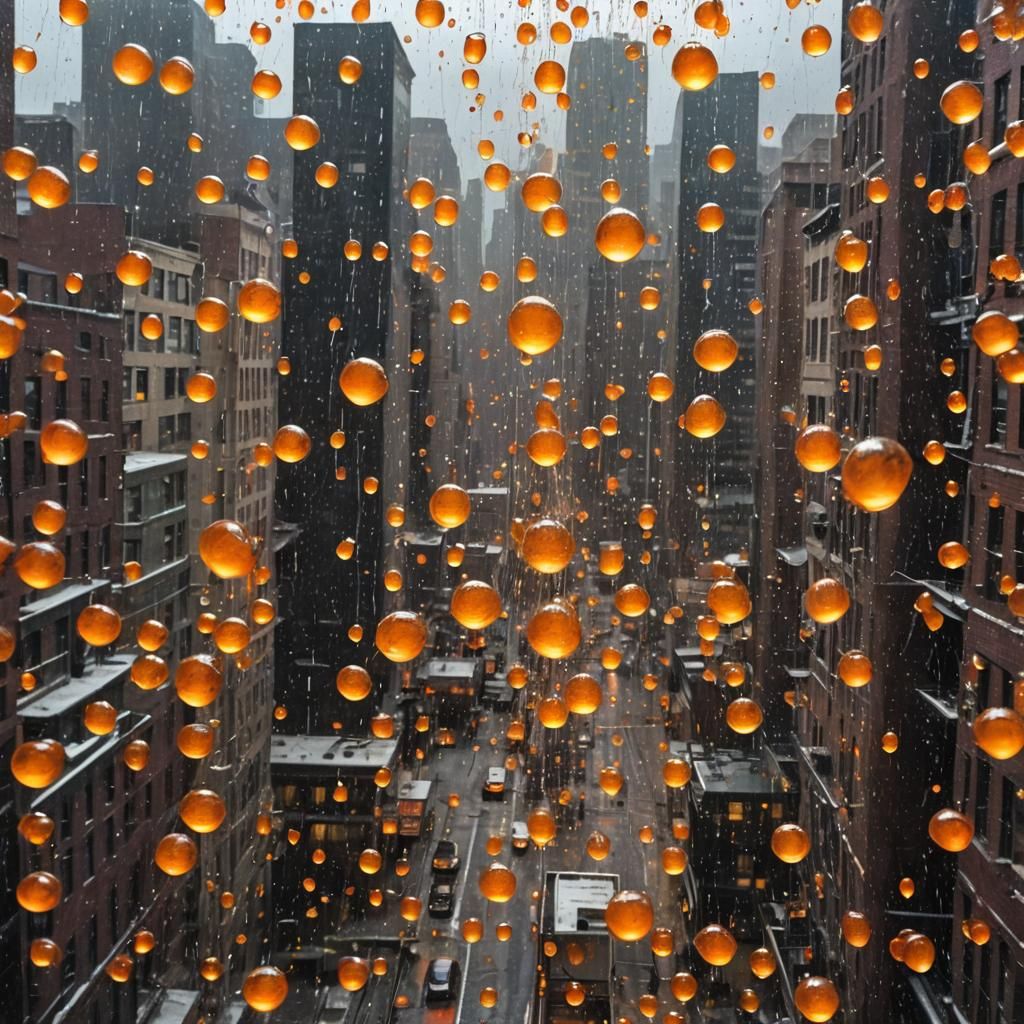 Surreal Orange Soda Rain Over Cityscape