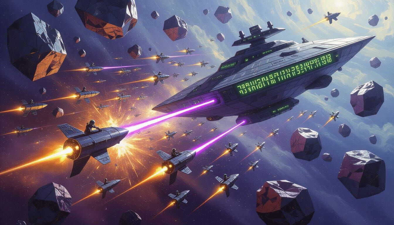 Dogfight: Crystalships Attack Human Dreadnought as Oil Paint...