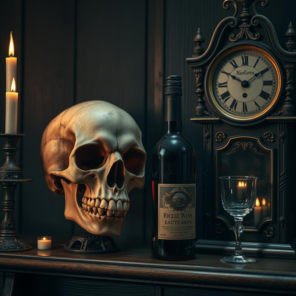 Vintage Skull with Wine and Clock in Surrealist Style