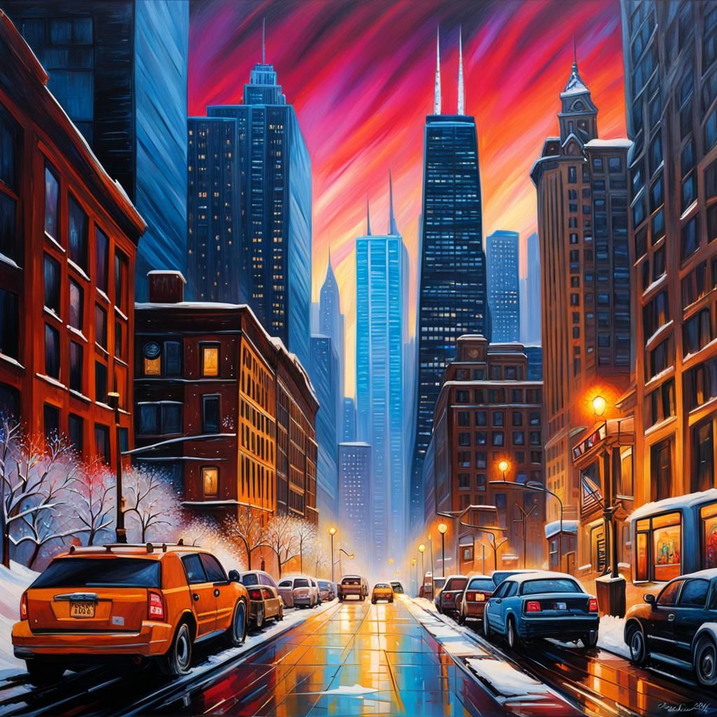 Chicago Skyline in Blizzard: Graffiti Art Style