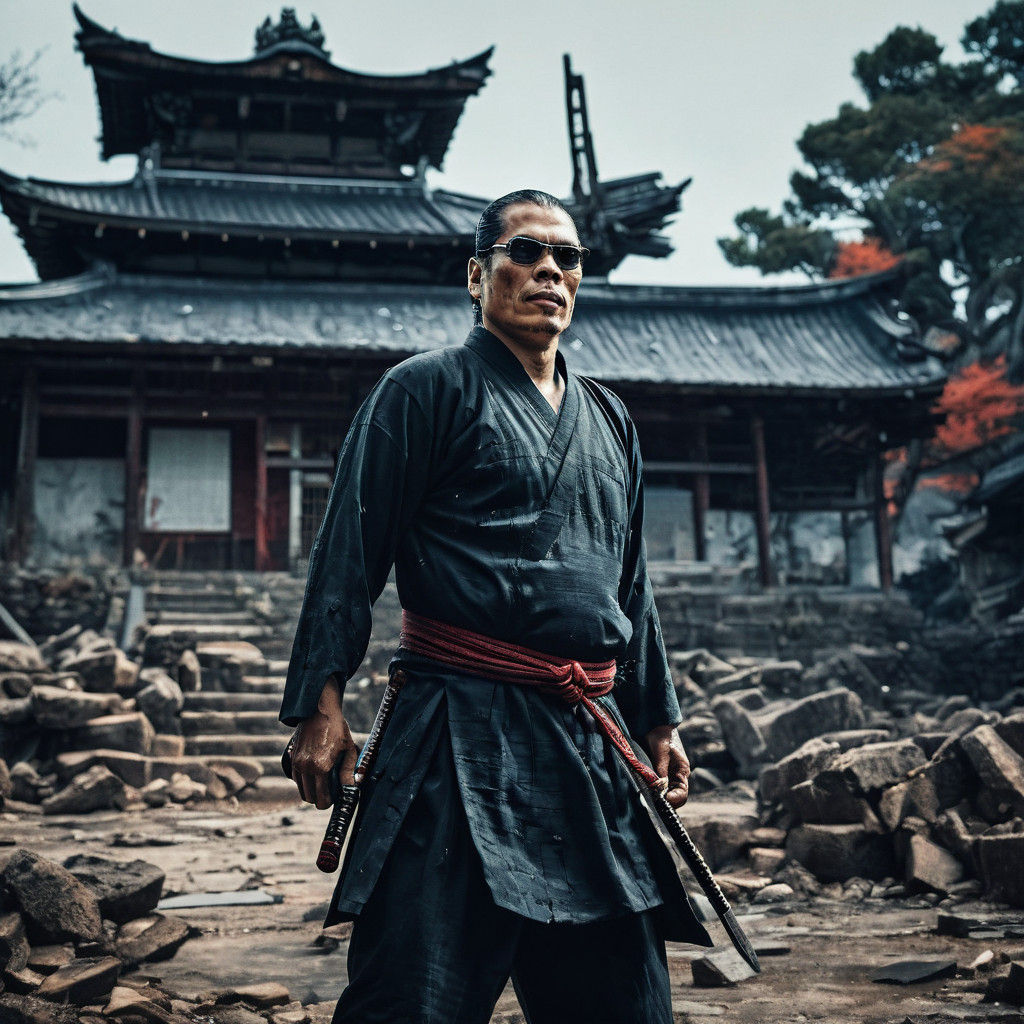 Samurai Warrior Stands Vigilant in Ruins of Ancient Japanese...