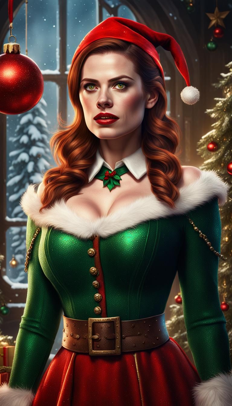 Hayley Atwell as a freckled Christmas Elf pinup portrait