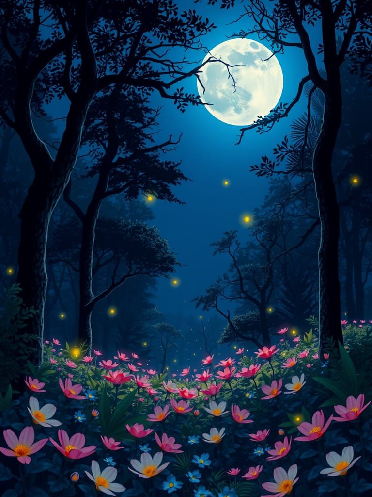 Mystical Night Jungle Scene in Dreamlike Style