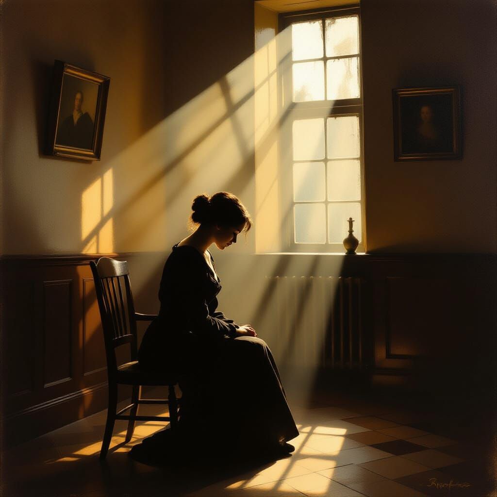 Solitary Figure in Dimly Lit Room, Painterly Style