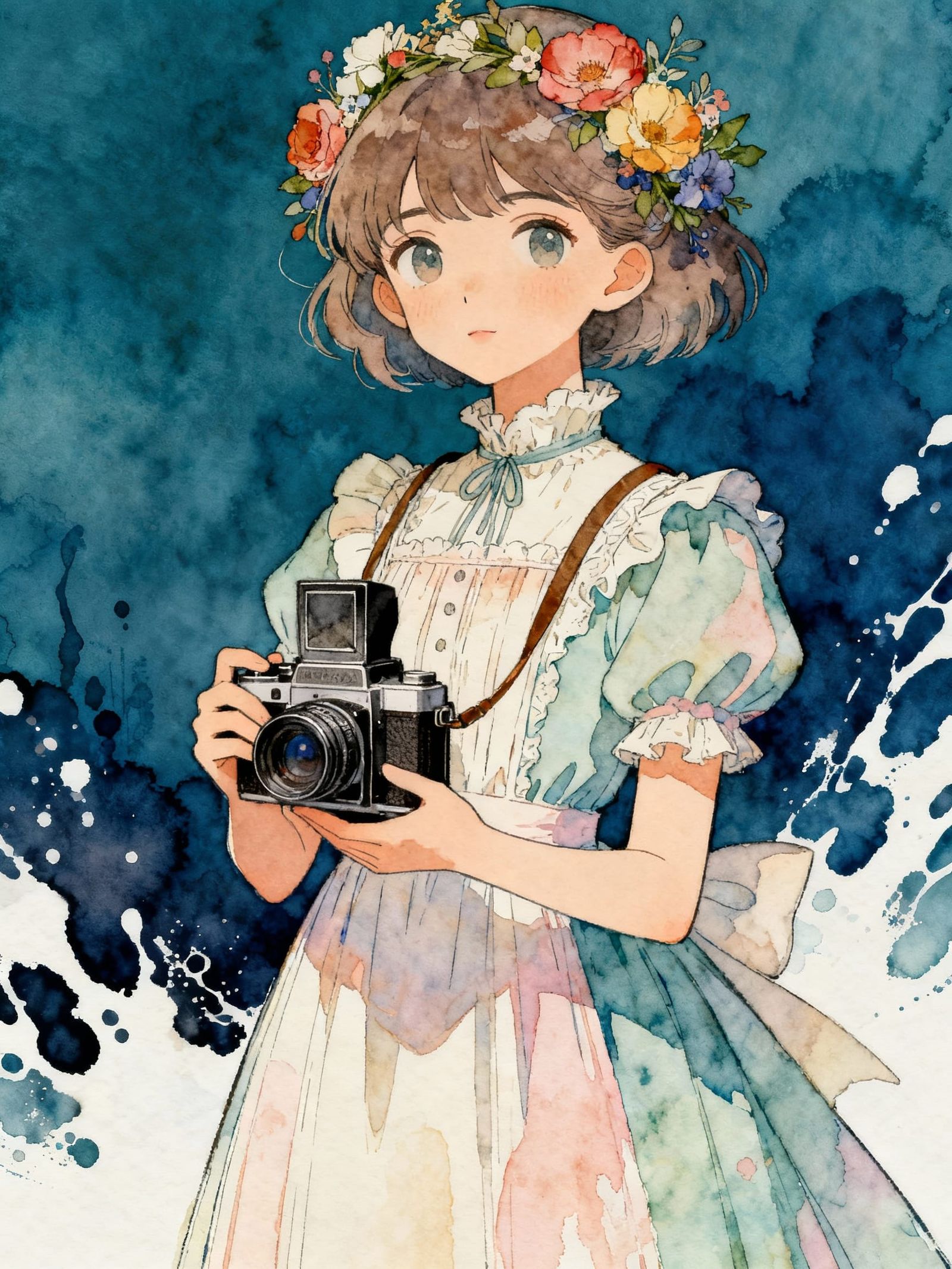 Minimalist Flower Girl with Vintage Camera, Watercolour Styl...