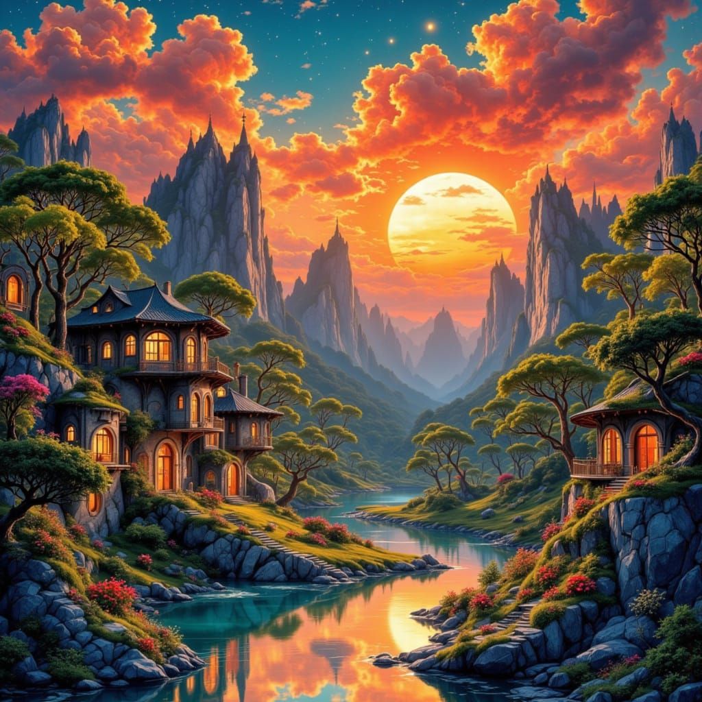 Dreamlike Village at Sunset in Sparkling Poster Art Style