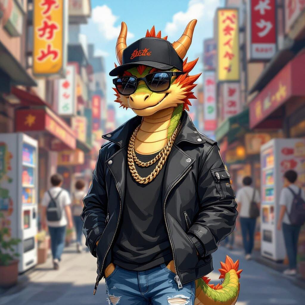 Stylish Dragon Struts Through Japanese City in Anime Style