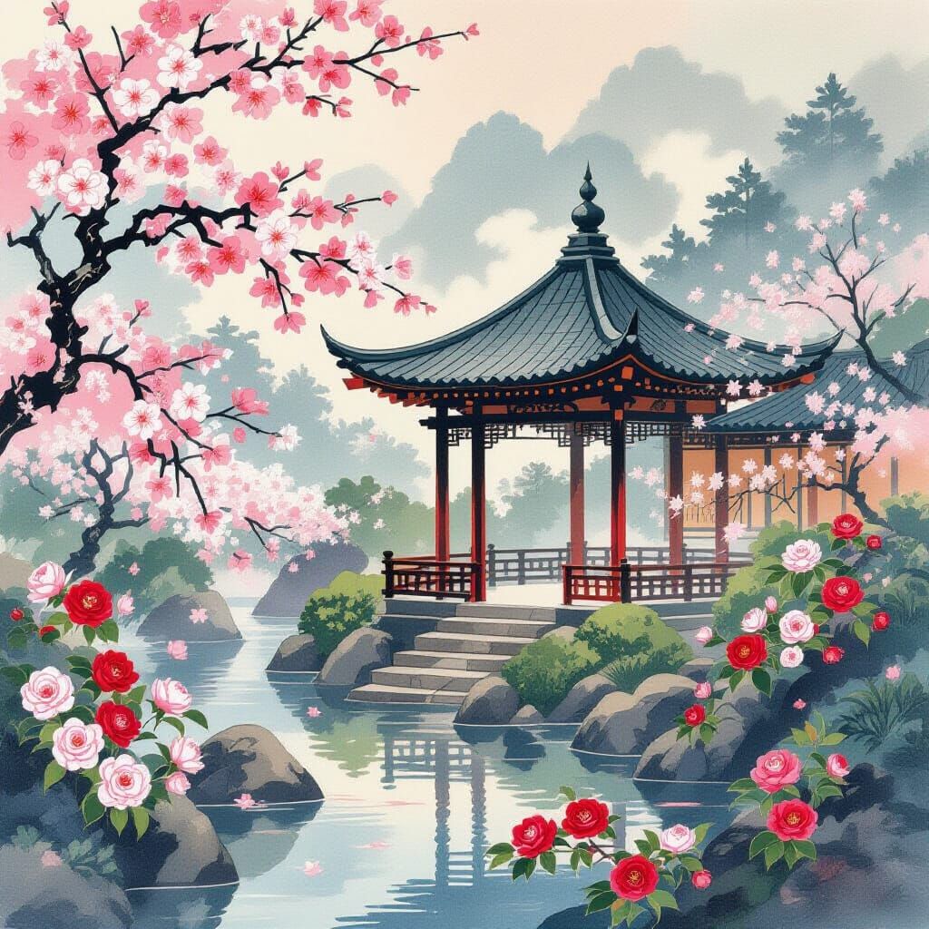 Camellia Pavilion in Ukiyo-e Style