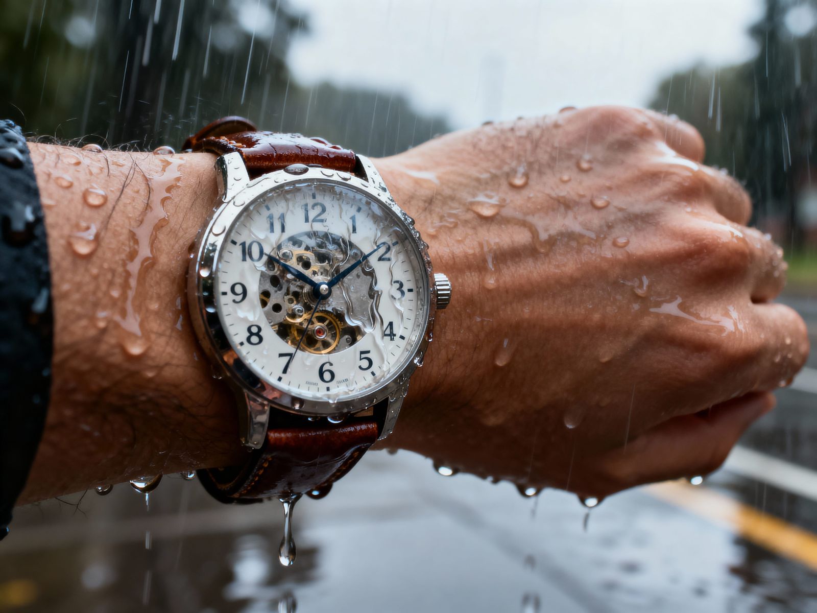 Realistic Photo of Man Checking Watch in Rain