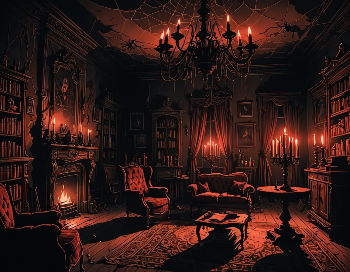 Eerie Haunted Living Room in Dark Surrealism Style