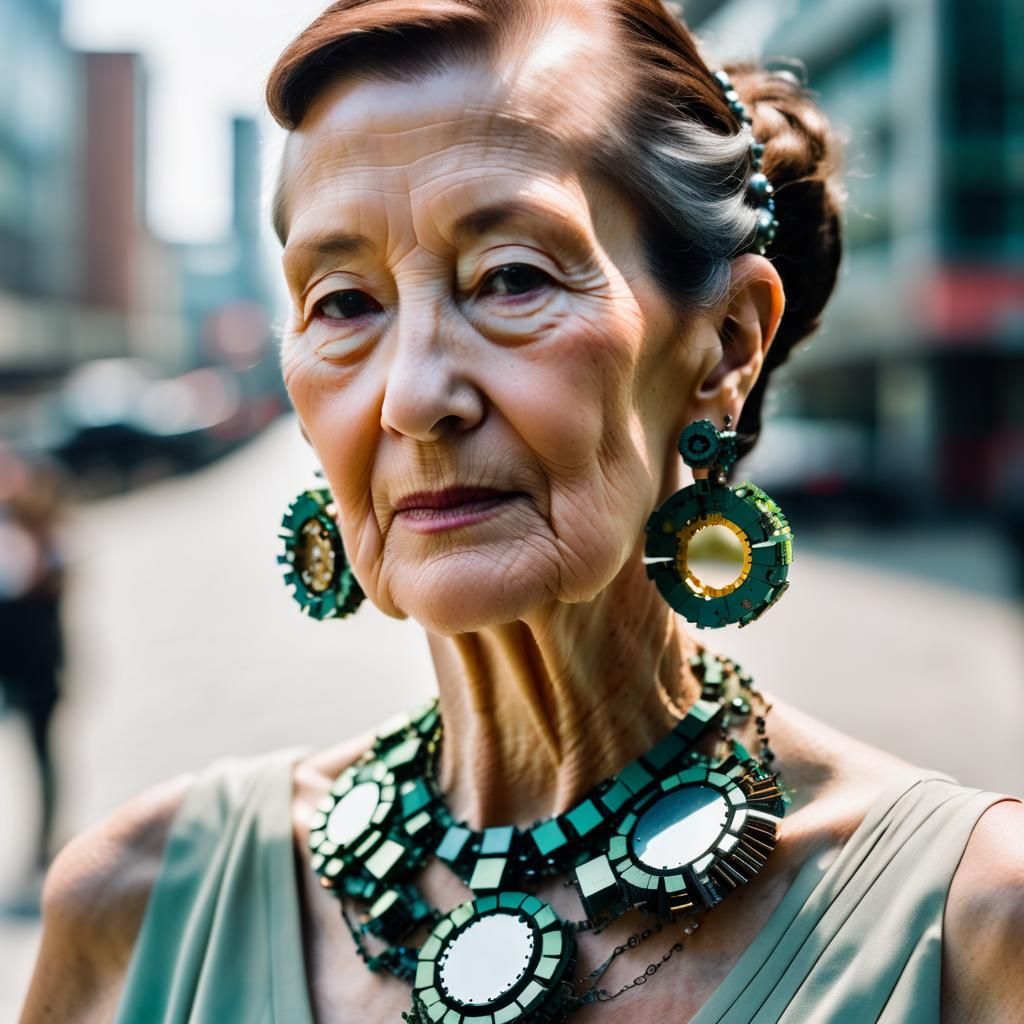 Woman's Motherboard and Pearl Necklace Portrait
