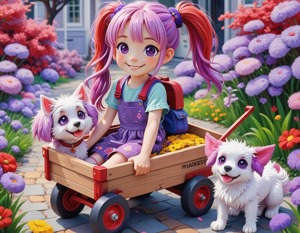 Impasto Pointillism Anime. A Little Girl With Her Pets