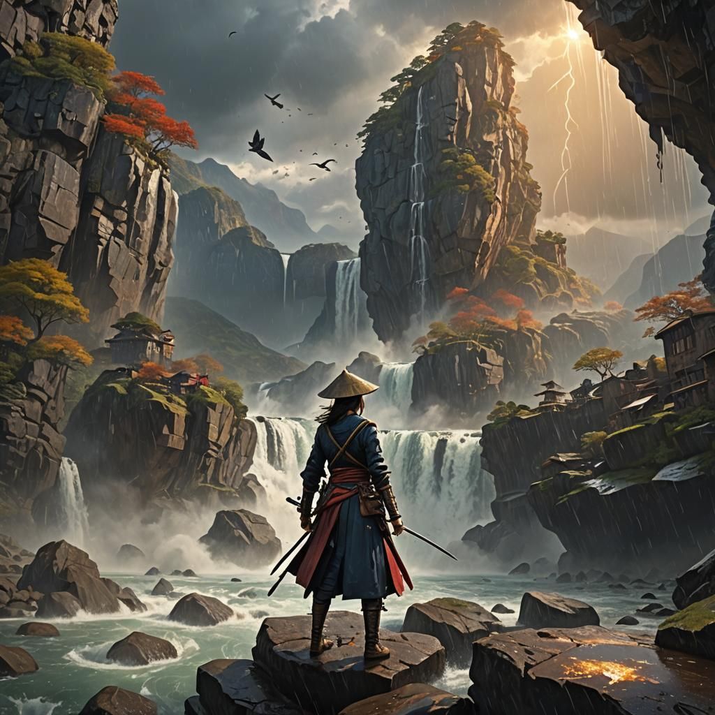 Young Samurai Woman at Waterfall: Digital Matte Painting
