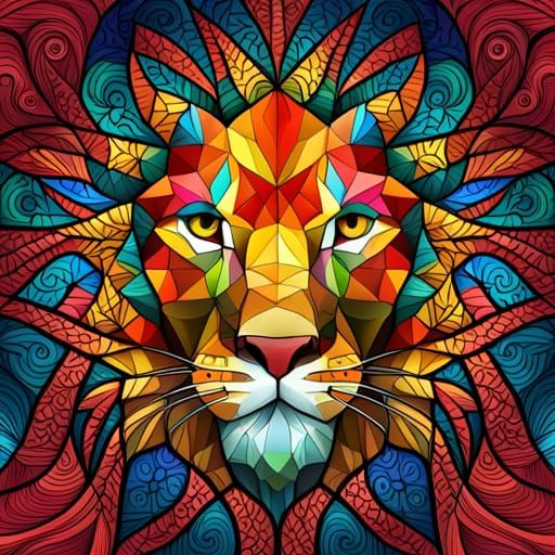 Stained Glass Lion with Abstract Fractal Design