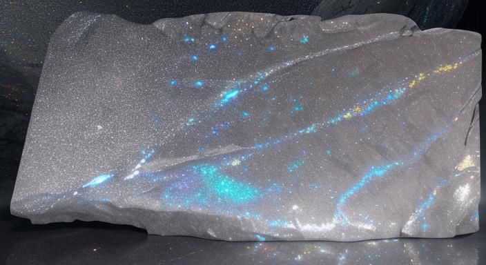 Hematite Slab of stone with Shimmery glittery surface& hyperdetailed volumetric lighting 8K resolution iridescent light...