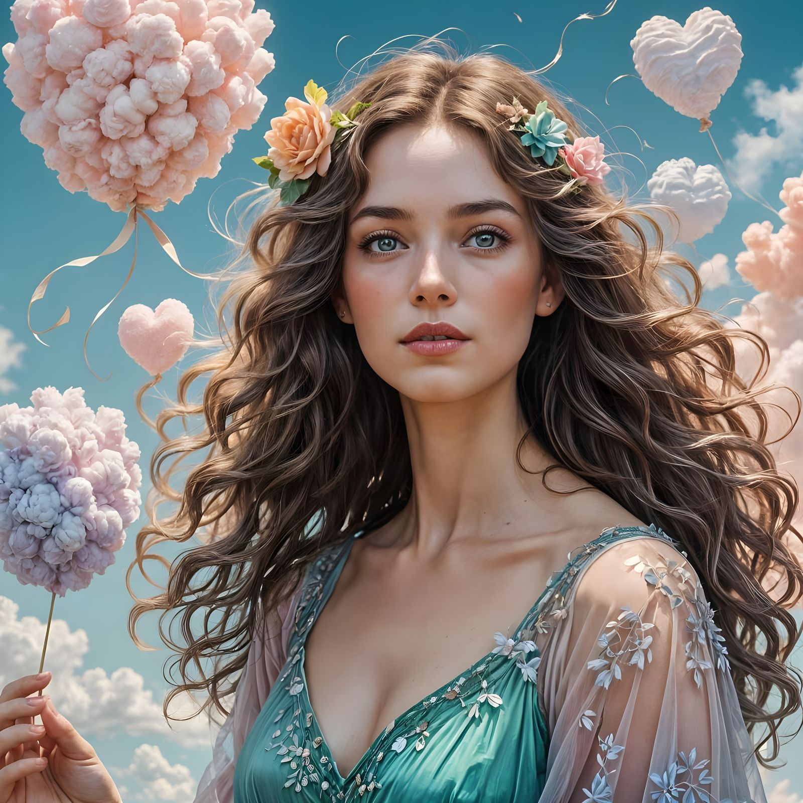 Dreamy Pastel Portrait of a Whimsical Girl with Cotton Candy
