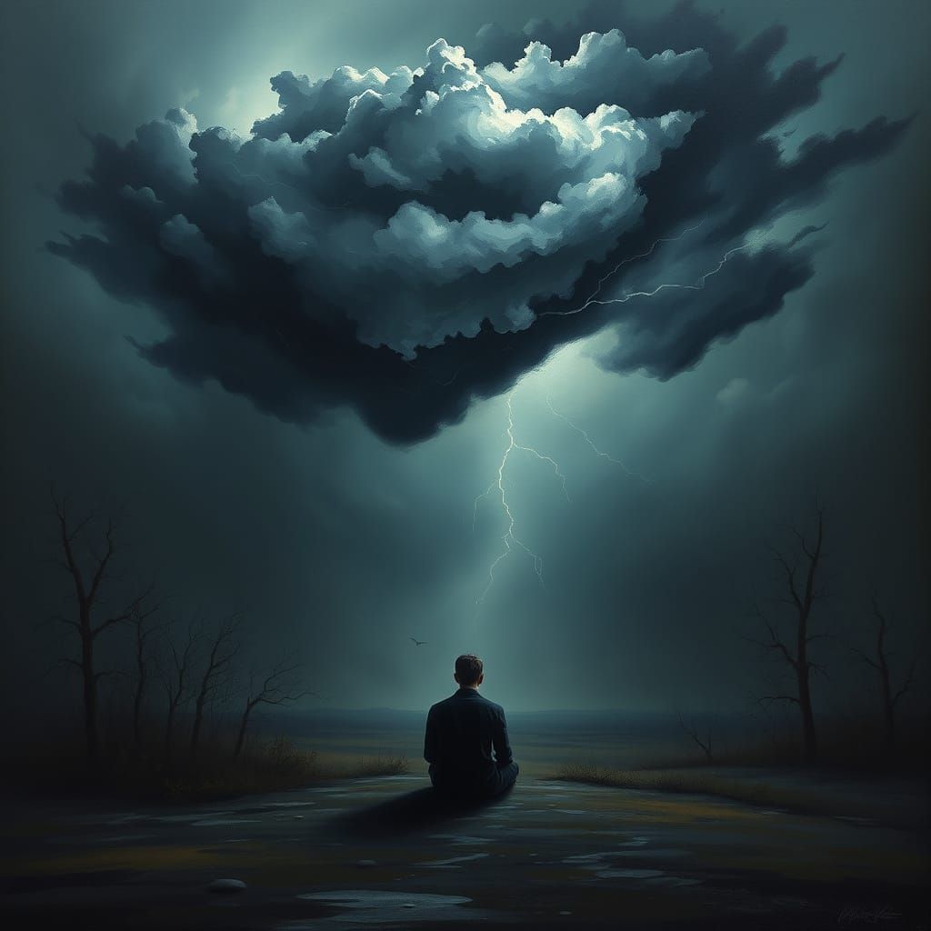 Overwhelmed Mind: Surreal Oil Painting of Solitude