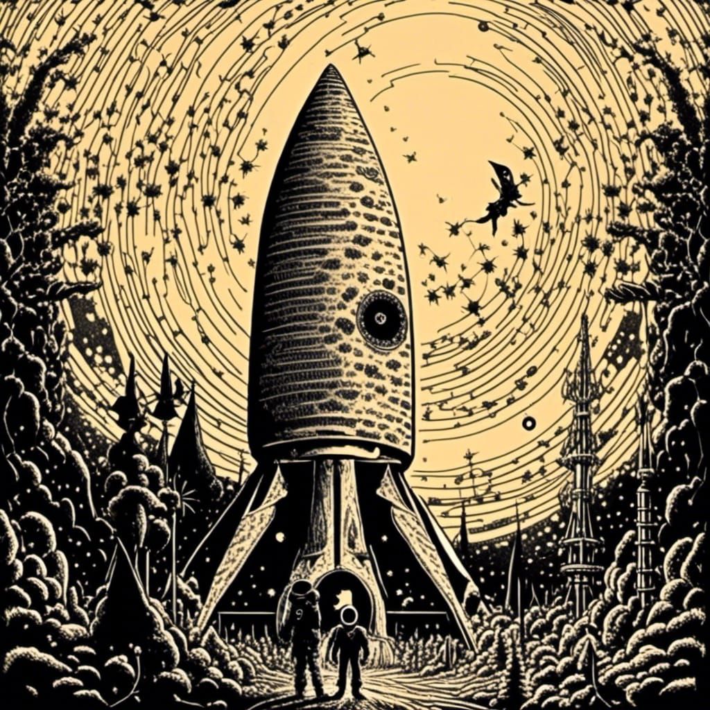 Astronaut Silhouette Near Retro-Futuristic Rocket