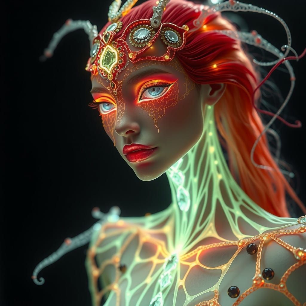 Exotic bioluminescent woman hybrid creature.