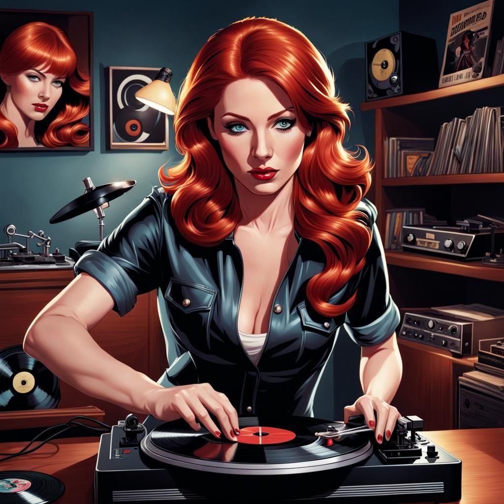 Redhead with Vinyl Record in Comic Book Style