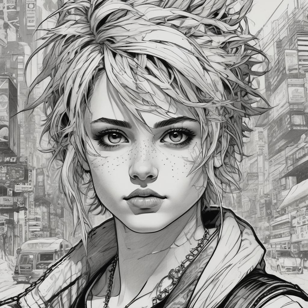 Line art sketch portrait, hatching shading, heavy lines, ink...