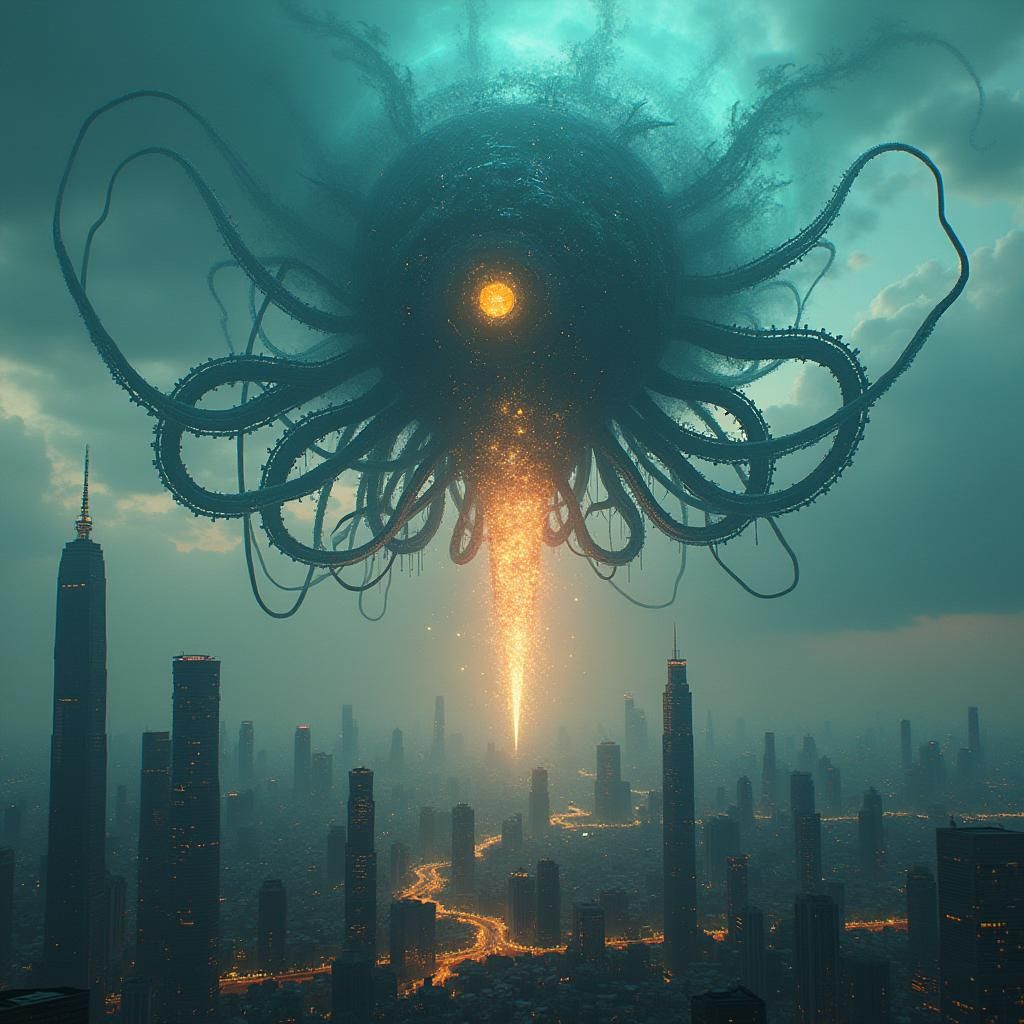Colossal AI Entity Dominating Metropolis: Concept Art