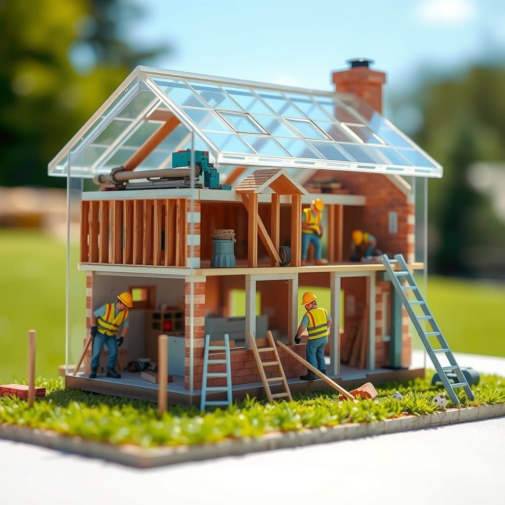 Transparent Miniature House Construction Scene