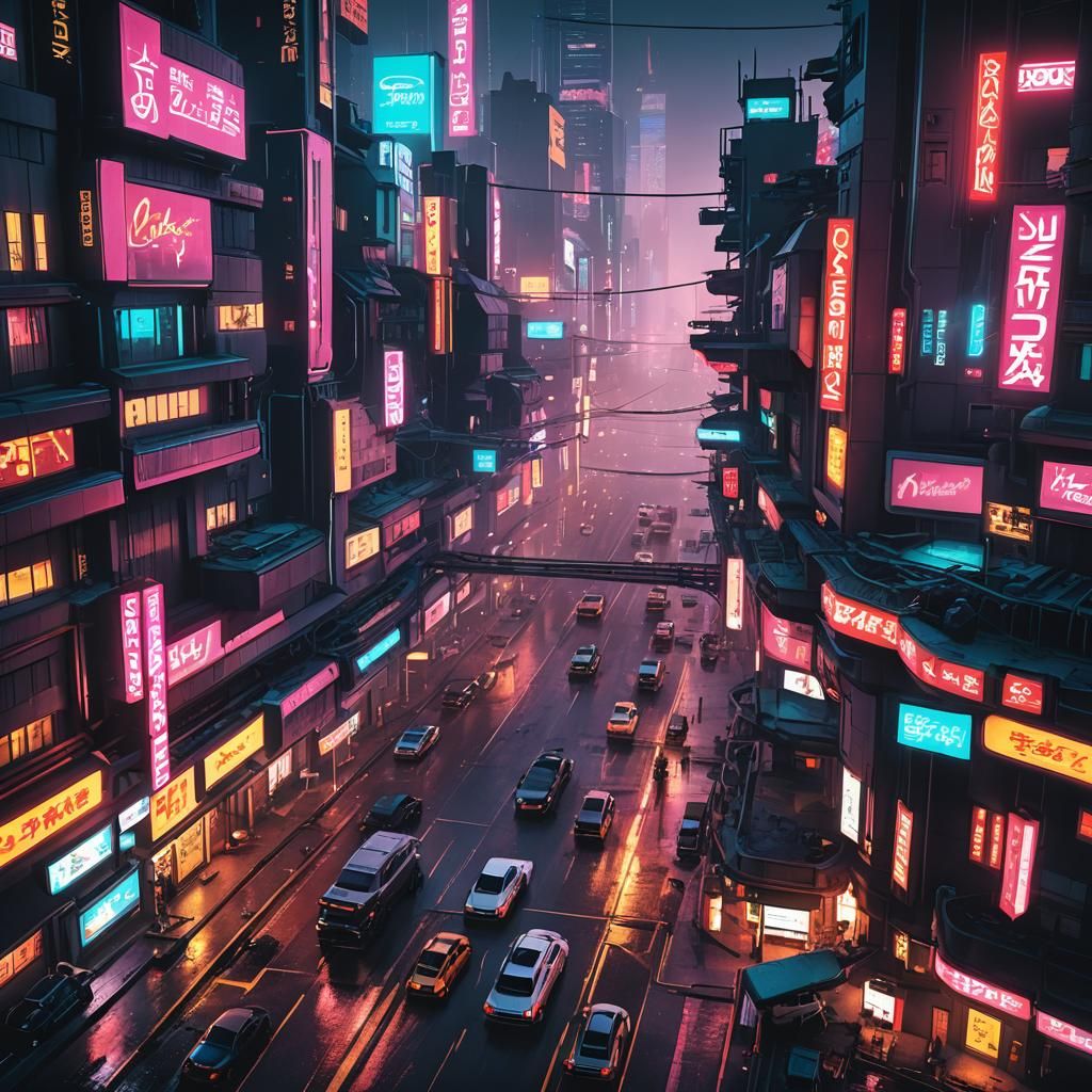 Futuristic Neon Cityscape in Cyberpunk Style